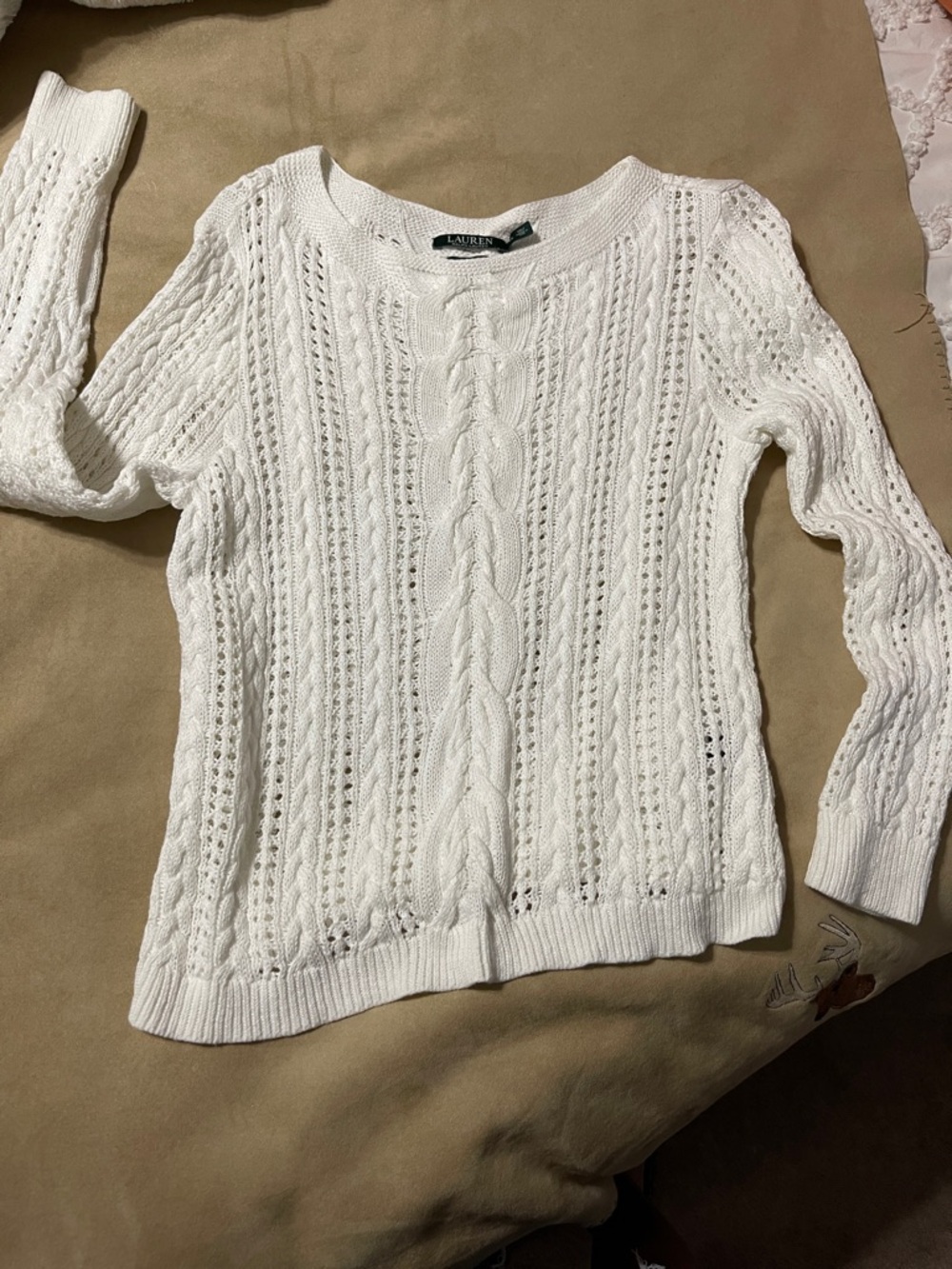 Ralph Lauren White Cable-Front Crewneck Sweater